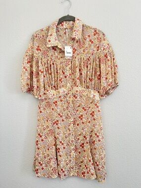 Free People Bonnie Mini Dress Tea Combo Sz M  Floral Sheer Cottagegore Boho NWT